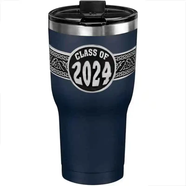 A customized tumbler made of stainless steel with a personalized engraved Class of 2024 lettering, 30 oz, ideal for coffee or cool drinks